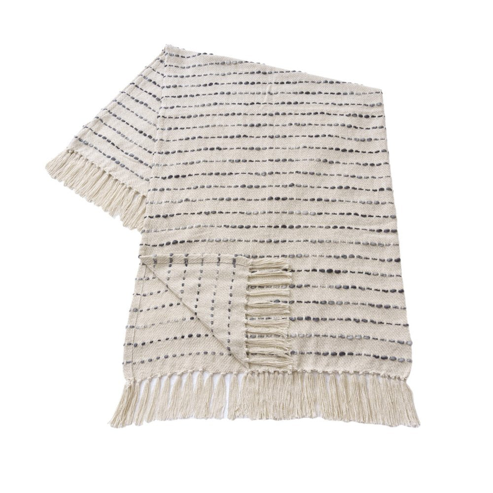 50" X 60" White and Beige Cotton Blend Woven Striped Throw Blanket with Fringe