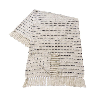50" X 60" White and Beige Cotton Blend Woven Striped Throw Blanket with Fringe