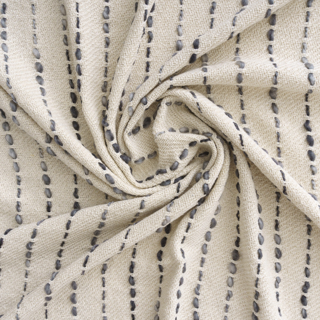 50" X 60" White and Beige Cotton Blend Woven Striped Throw Blanket with Fringe