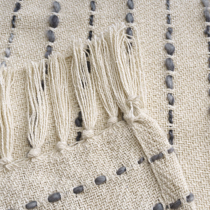 50" X 60" White and Beige Cotton Blend Woven Striped Throw Blanket with Fringe