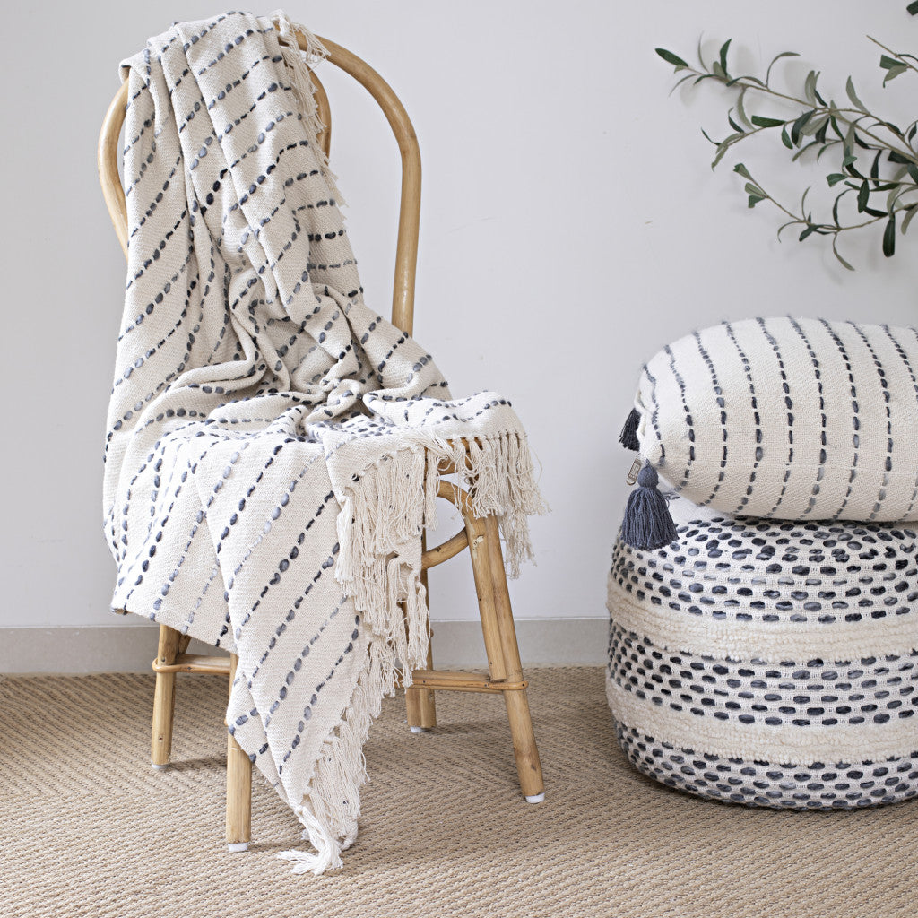 50" X 60" White and Beige Cotton Blend Woven Striped Throw Blanket with Fringe
