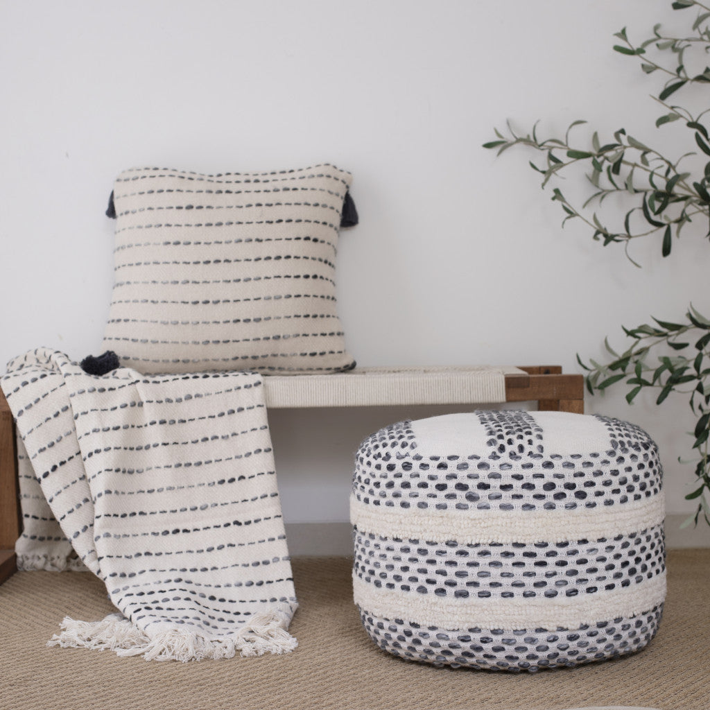 50" X 60" White and Beige Cotton Blend Woven Striped Throw Blanket with Fringe