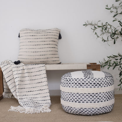 50" X 60" White and Beige Cotton Blend Woven Striped Throw Blanket with Fringe