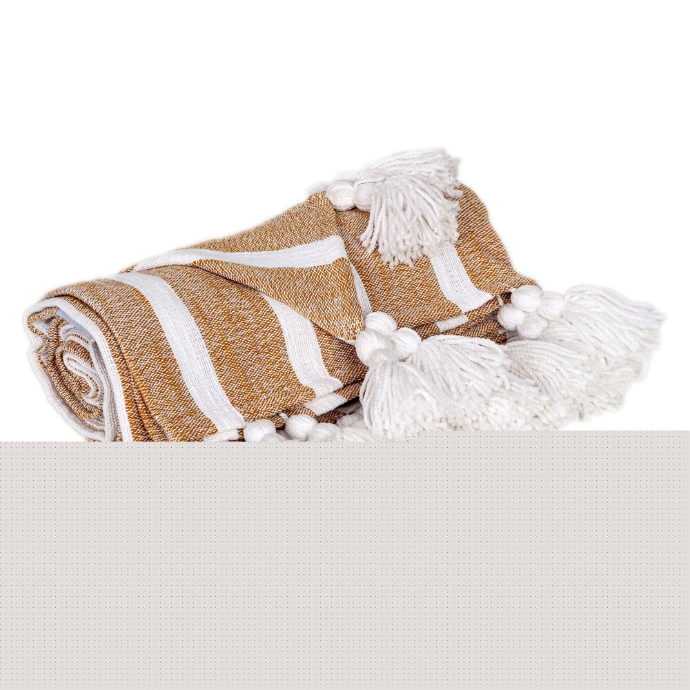 50" X 60" Gold and Ivory Woven Cotton Striped Throw Blanket with Tassels