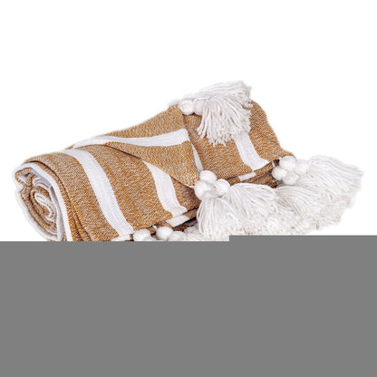 50" X 60" Gold and Ivory Woven Cotton Striped Throw Blanket with Tassels