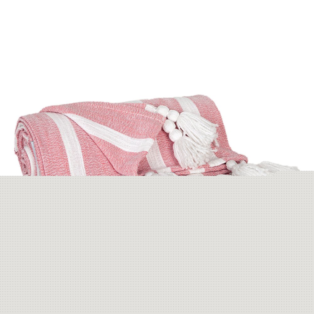 50" X 60" Pink and White Woven Cotton Striped Throw Blanket with Tassels