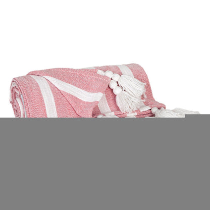 50" X 60" Pink and White Woven Cotton Striped Throw Blanket with Tassels