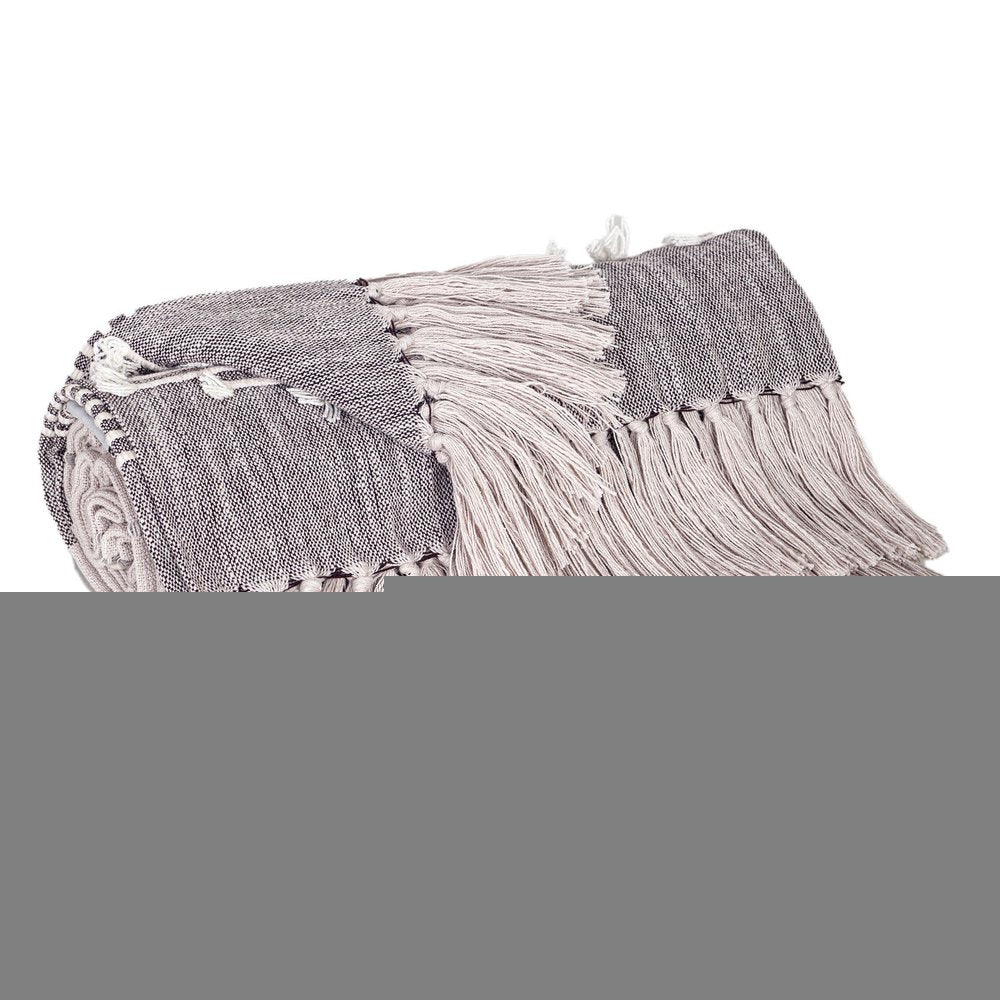 50" X 60" Gray Woven Cotton Striped Throw Blanket with Tassels and Embroidery
