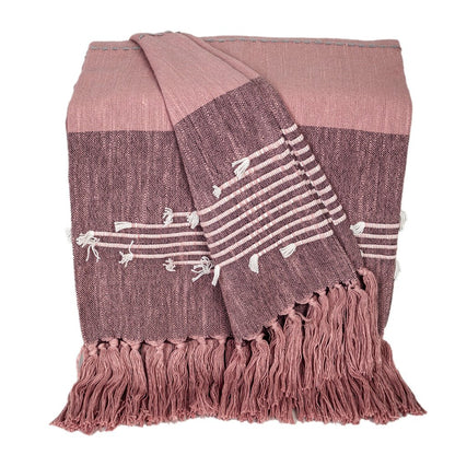 50" X 60" Pink Woven Cotton Striped Throw Blanket with Tassels and Embroidery