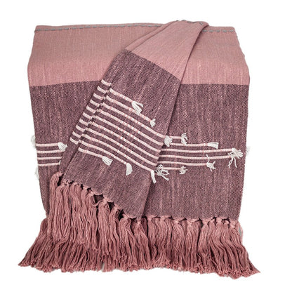 50" X 60" Pink Woven Cotton Striped Throw Blanket with Tassels and Embroidery