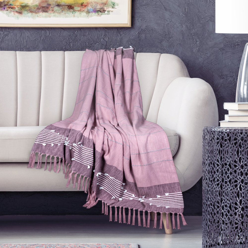 50" X 60" Pink Woven Cotton Striped Throw Blanket with Tassels and Embroidery