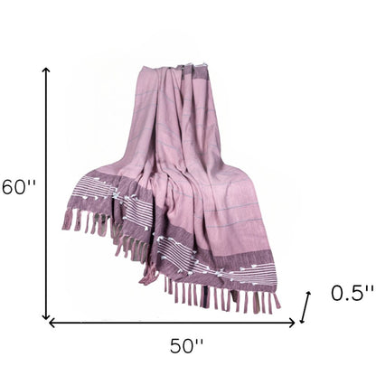 50" X 60" Pink Woven Cotton Striped Throw Blanket with Tassels and Embroidery