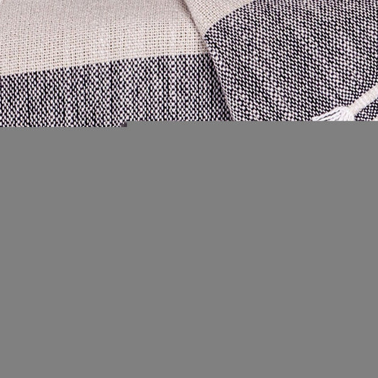 50" X 60" Ivory and Gray Woven Cotton Striped Throw Blanket with Fringe and Embroidery