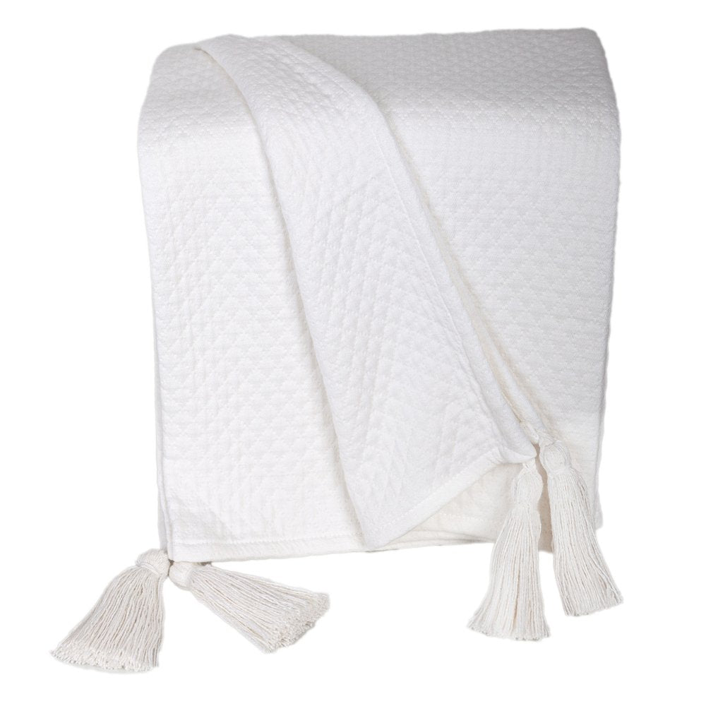 60" X 50" White Woven Cotton Throw Blanket