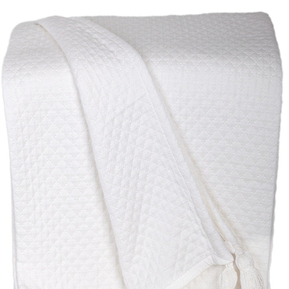 60" X 50" White Woven Cotton Throw Blanket