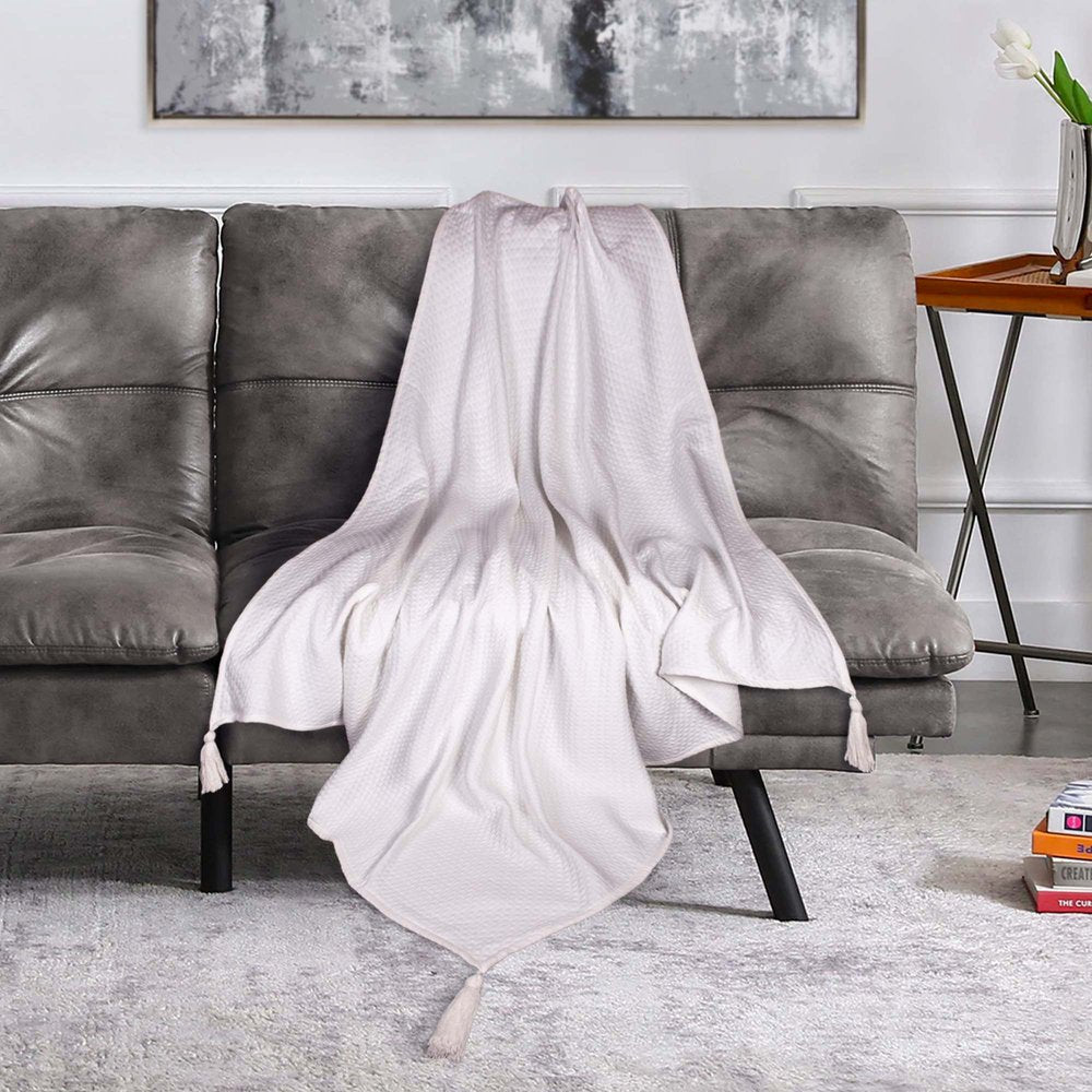 60" X 50" White Woven Cotton Throw Blanket