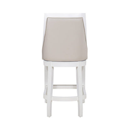 26" Gray And White Faux Leather And Solid Wood Counter Height Swivel Bar Chair