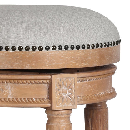 26" Beige And Natural Fabric And Solid Wood Backless Counter Height Swivel Bar Chair
