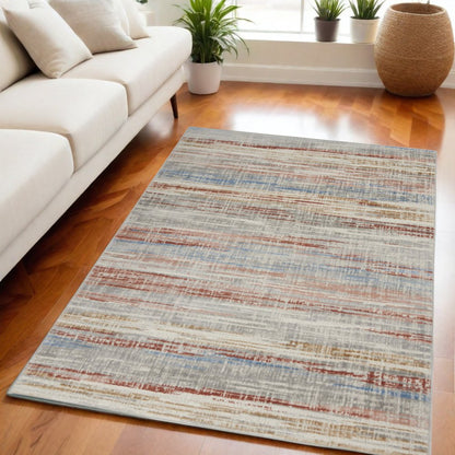 5' X 7' Ivory Blue and Brown Abstract Non Skid Area Rug