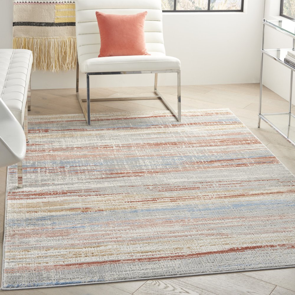 5' X 7' Ivory Blue and Brown Abstract Non Skid Area Rug
