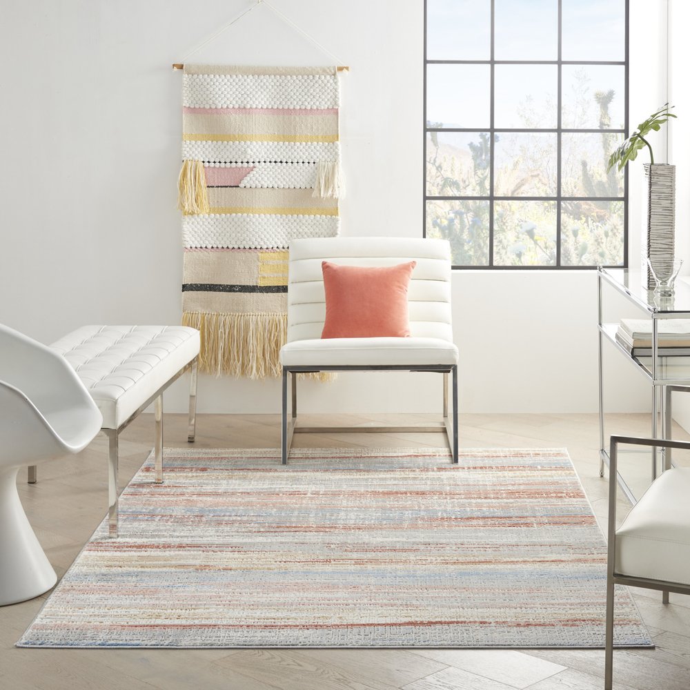 5' X 7' Ivory Blue and Brown Abstract Non Skid Area Rug