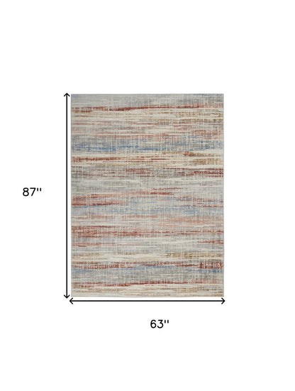 5' X 7' Ivory Blue and Brown Abstract Non Skid Area Rug