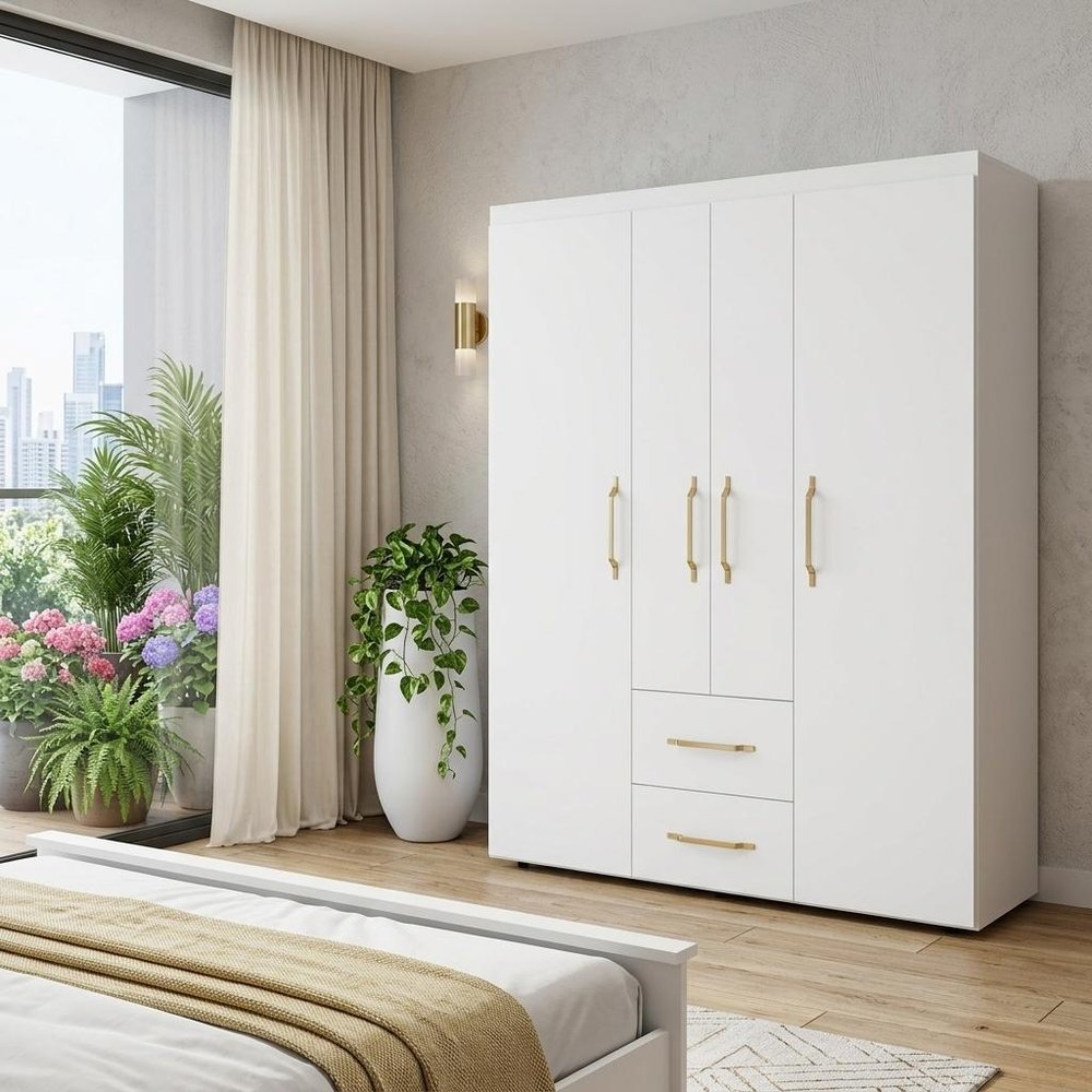 70" White Wood Four Door Two Drawer Combo Dresser