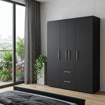 70" Black Wood Four Door Two Drawer Combo Dresser