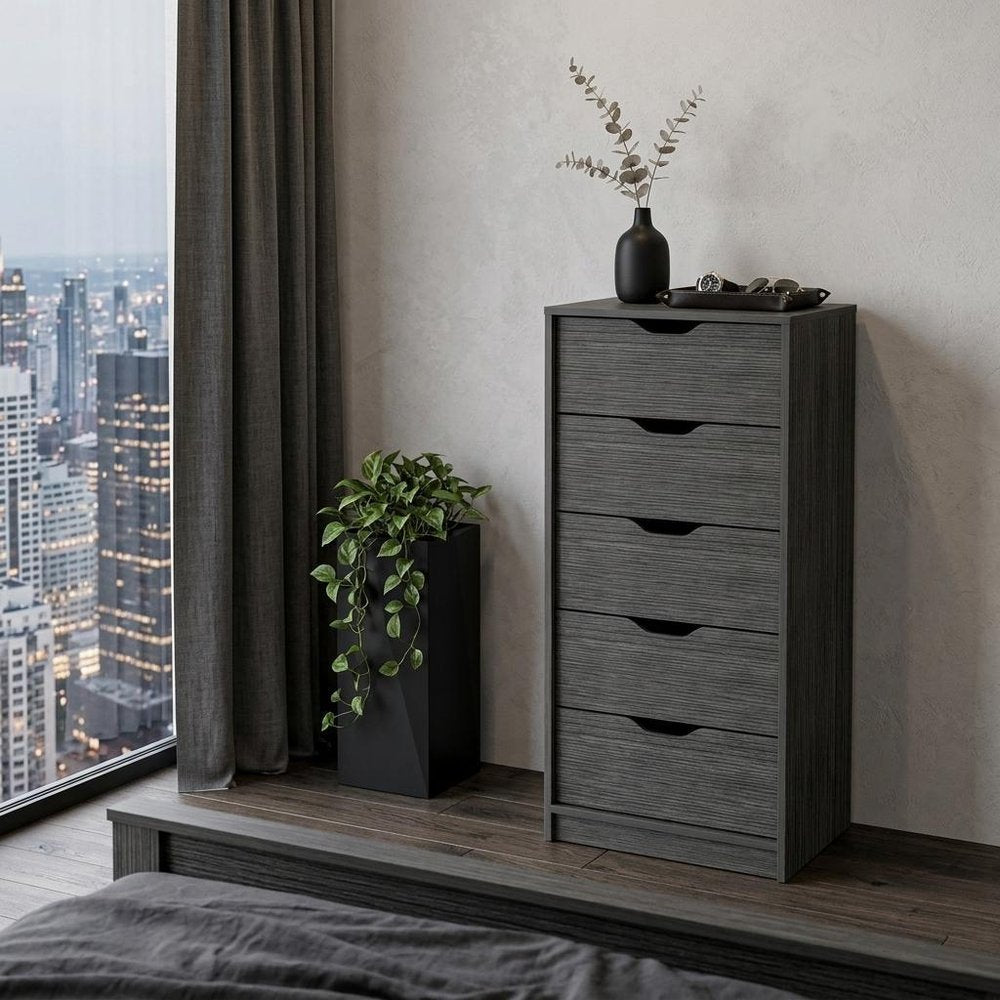 18" Gray Wood Five Drawer Dresser