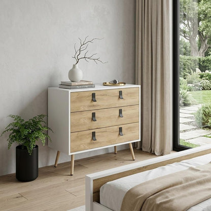 32" White And Natural Wood Three Drawer Dresser