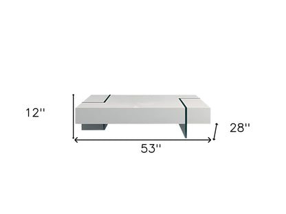 53" White And Clear Wood And Glass Sled Coffee Table