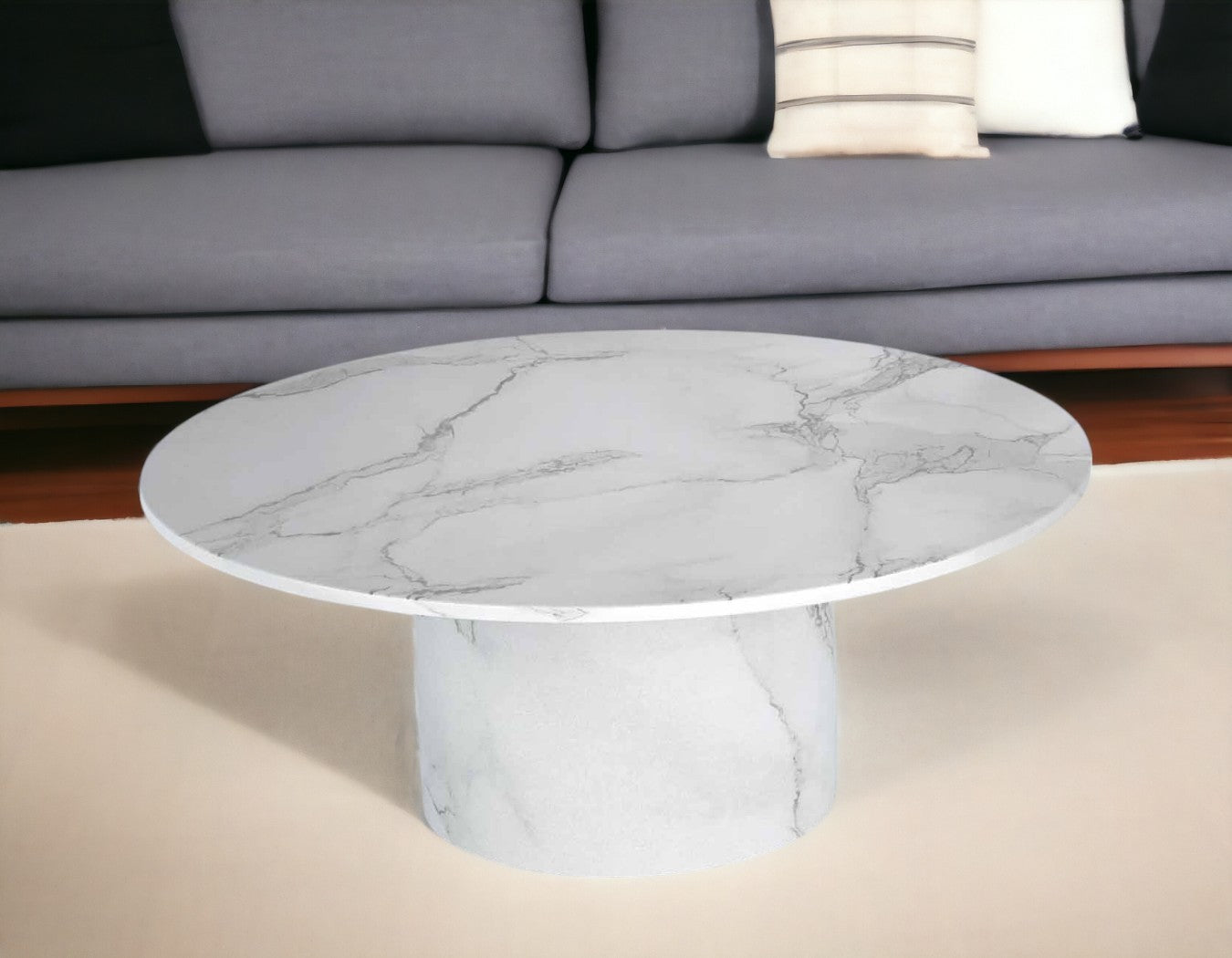 35" White Genuine Marble And Wood Round Pedestal Coffee Table