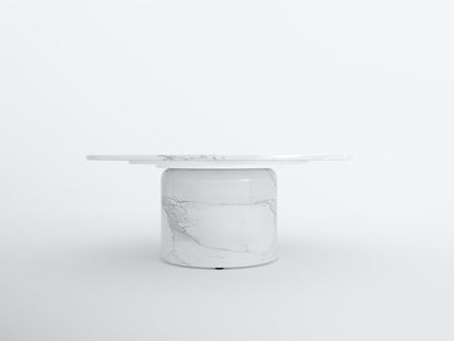 35" White Genuine Marble And Wood Round Pedestal Coffee Table