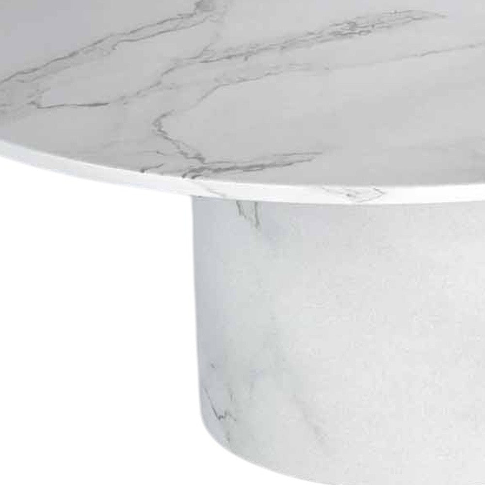 35" White Genuine Marble And Wood Round Pedestal Coffee Table