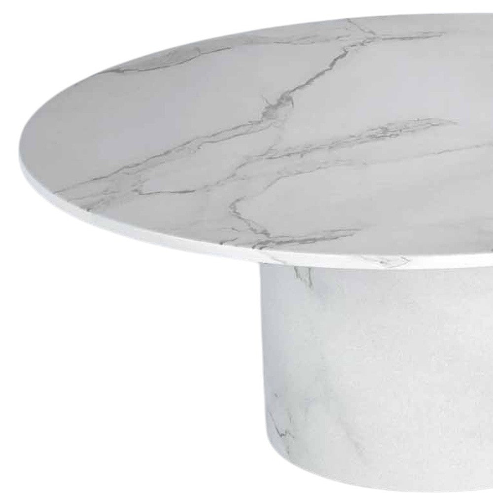 35" White Genuine Marble And Wood Round Pedestal Coffee Table