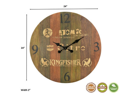 24" Brown Solid Wood Silent Analog Round Wall Clock