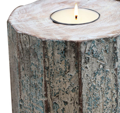 5" Brown And White Solid Wood Tabletop Tealight Candle Holder