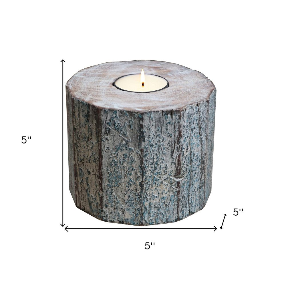 5" Brown And White Solid Wood Tabletop Tealight Candle Holder