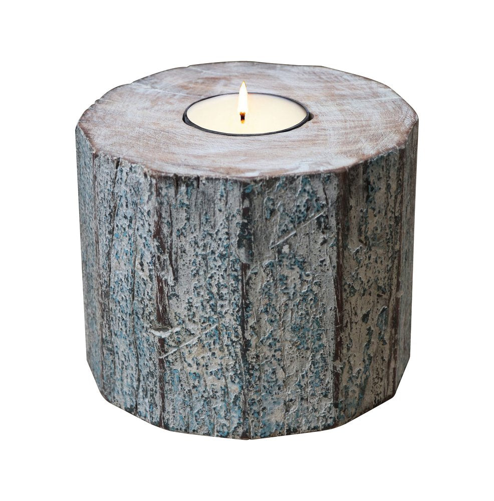 5" Brown And White Solid Wood Tabletop Tealight Candle Holder
