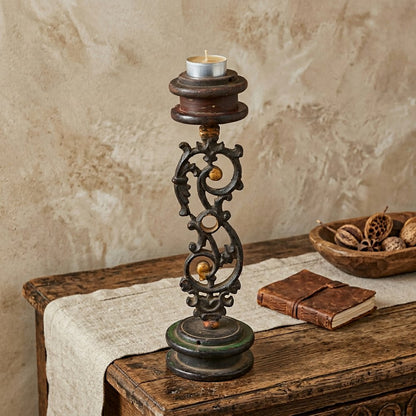 16" Black Distressed Floral Metal Tabletop Tealight Candle Holder