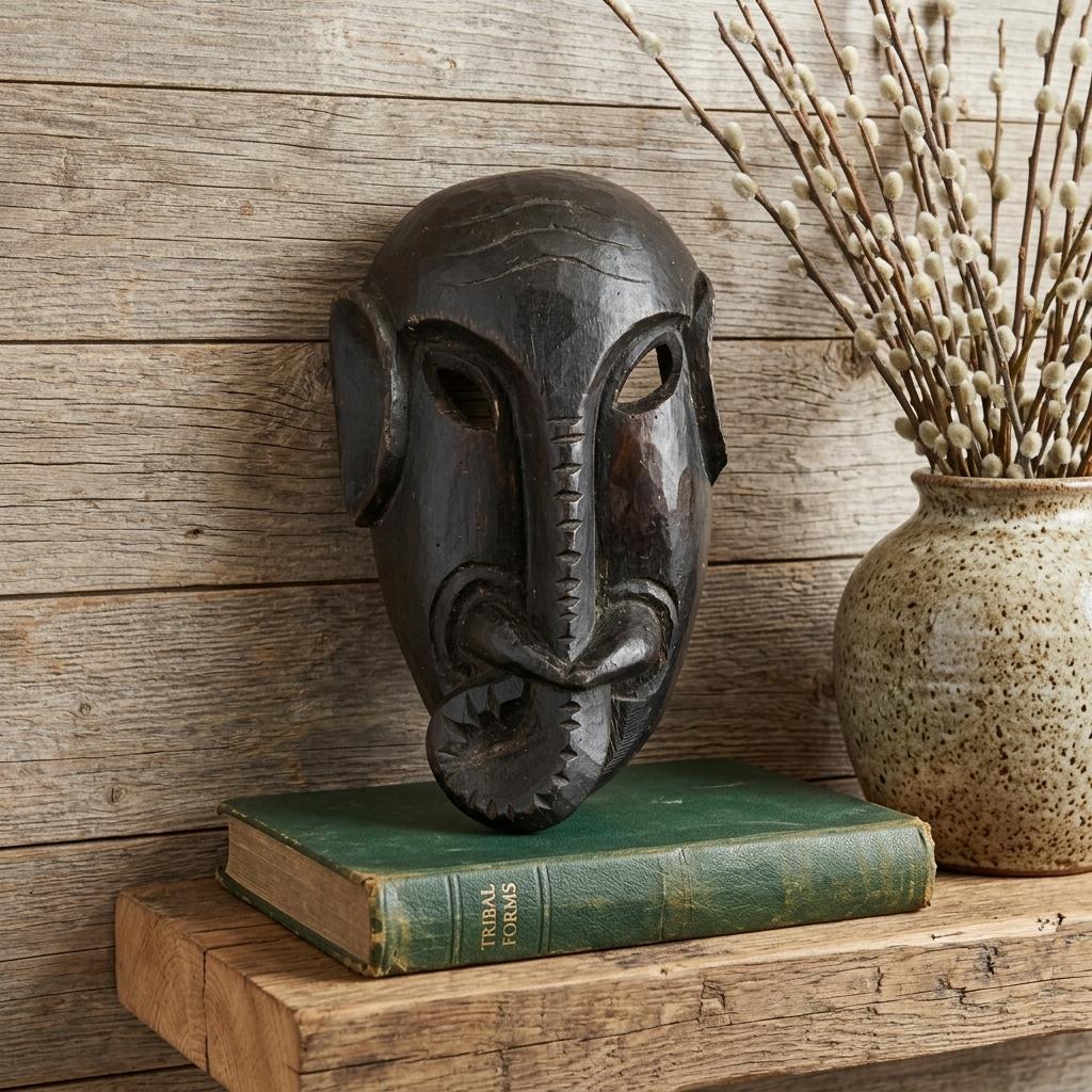 10" Black Solid Wood Decorative Mask Tabletop Sculpture