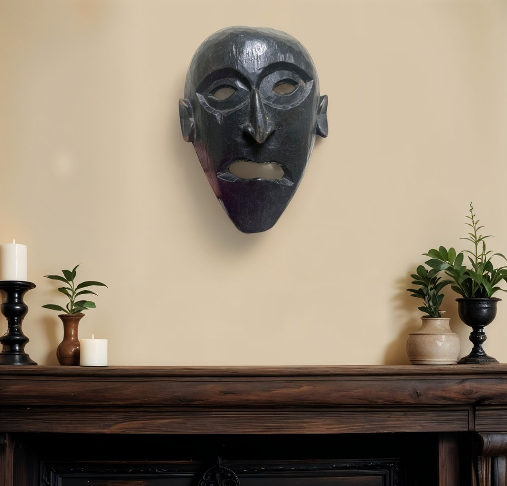 11" Black Solid Wood Decorative Mask Tabletop Sculpture