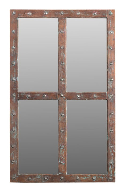 60" Wood Brown Rustic Solid Wood Window Pane Framed Accent Mirror