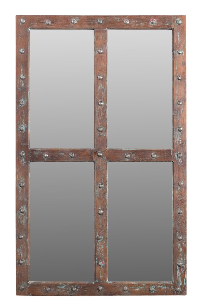 60" Wood Brown Rustic Solid Wood Window Pane Framed Accent Mirror