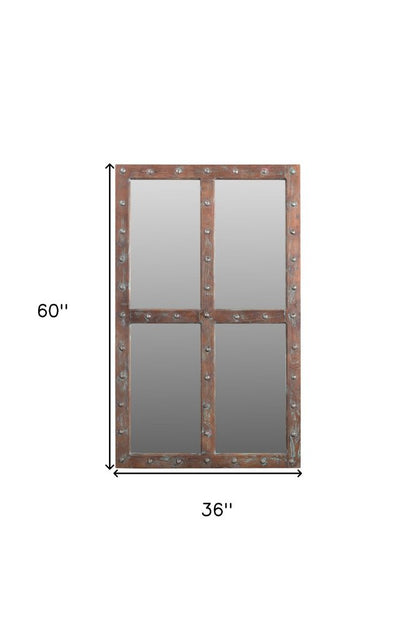 60" Wood Brown Rustic Solid Wood Window Pane Framed Accent Mirror