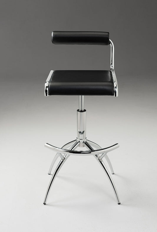 Set of Two Black and Silver Faux Leather and Metal Low Back Adjustable Height Bar Chairs