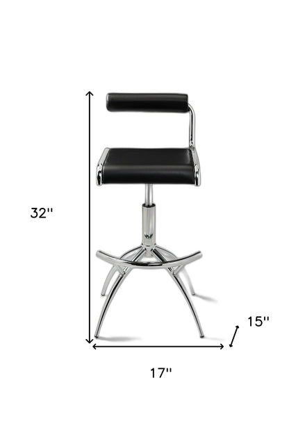 Set of Two Black and Silver Faux Leather and Metal Low Back Adjustable Height Bar Chairs