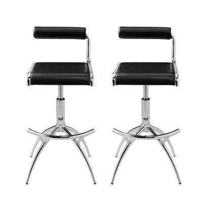 Set of Two Black and Silver Faux Leather and Metal Low Back Adjustable Height Bar Chairs