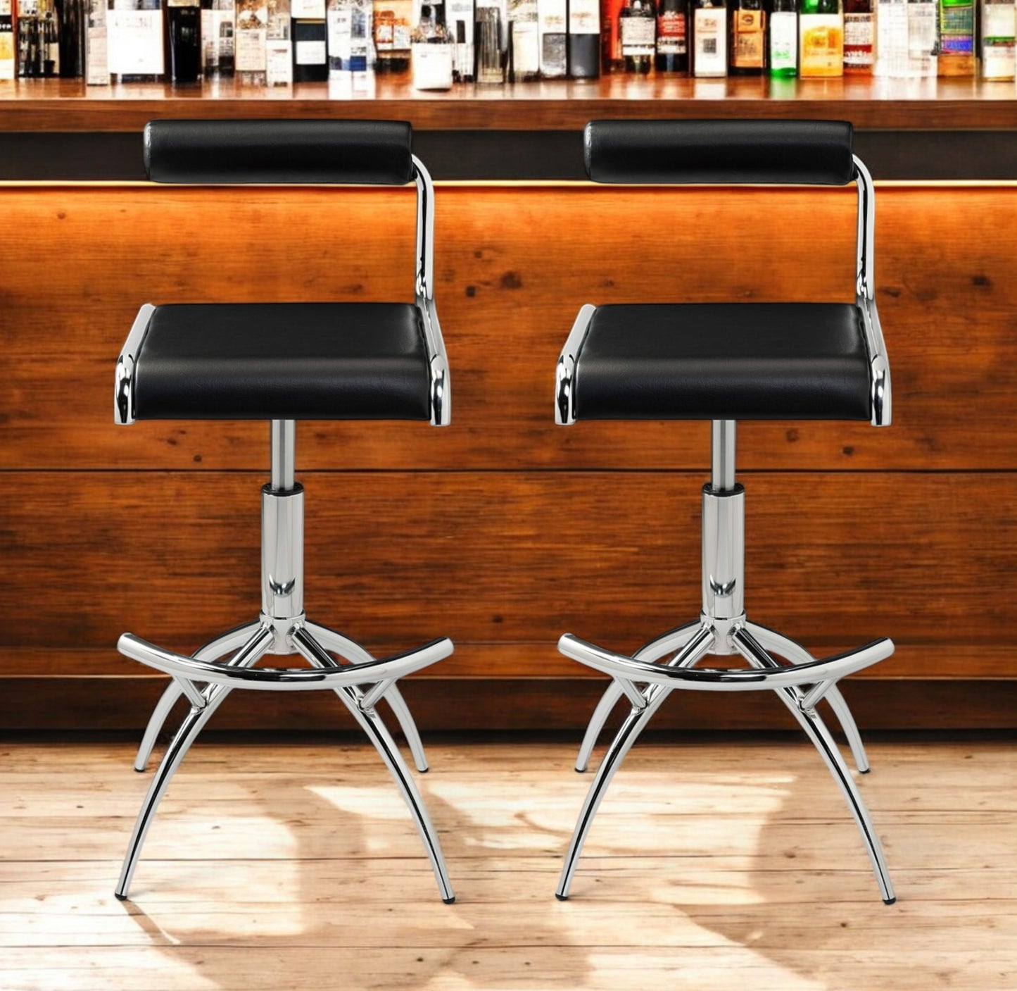 Set of Two Black and Silver Faux Leather and Metal Low Back Adjustable Height Bar Chairs