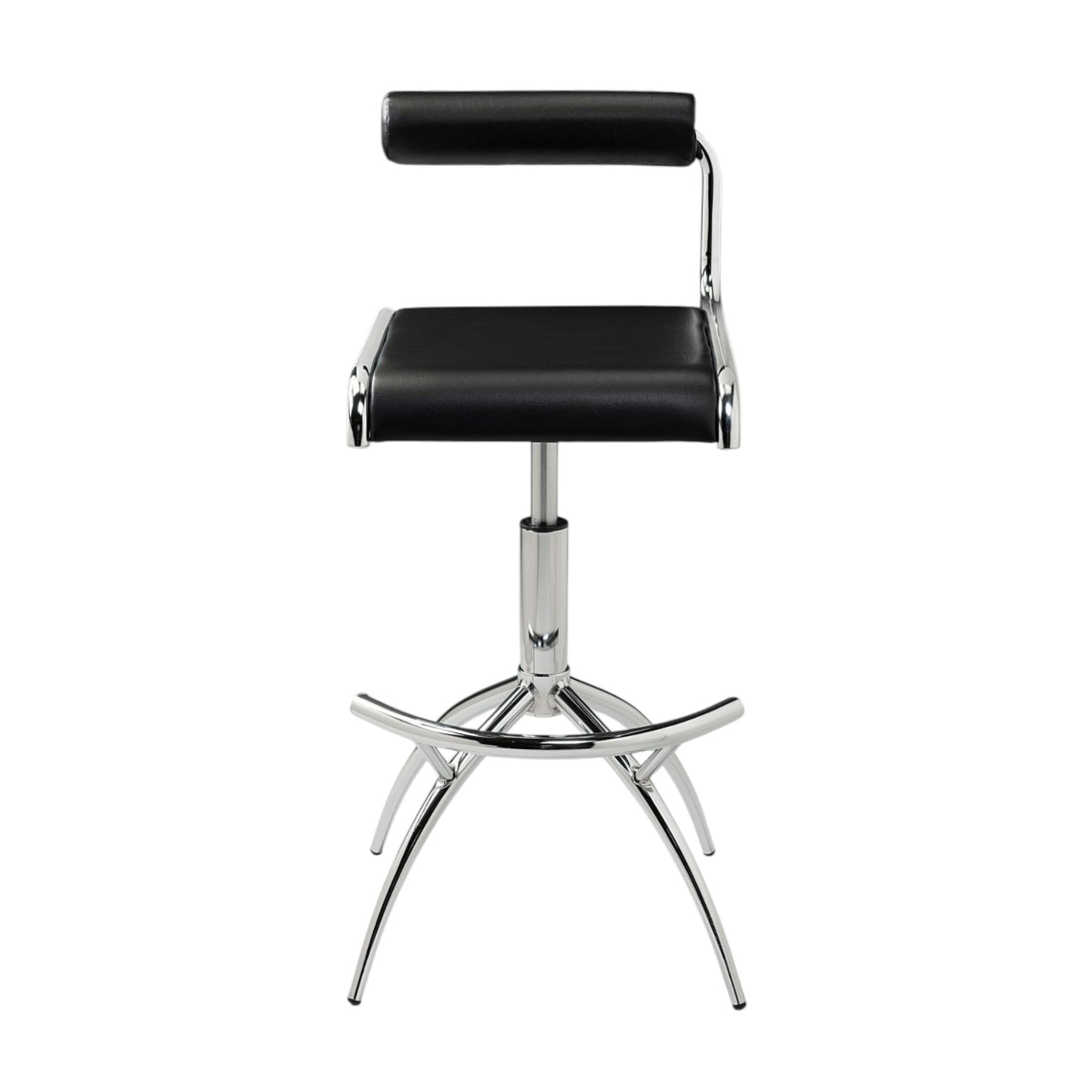 Set of Two Black and Silver Faux Leather and Metal Low Back Adjustable Height Bar Chairs